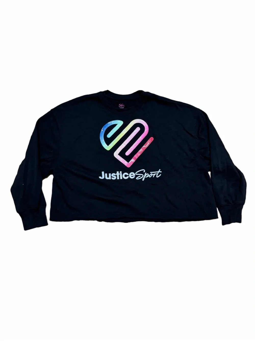 Justice Sport Girls XL 16/18 Black Cropped Logo Crewneck Sweatshirt Glitter